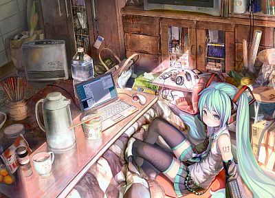headphones, Vocaloid, Hatsune Miku, blue hair, laptops, detached sleeves - random desktop wallpaper