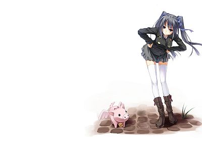 thigh highs, twintails, pigs, simple background, anime girls - desktop wallpaper