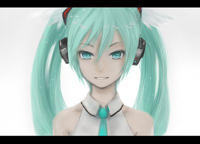 headphones, Vocaloid, Hatsune Miku, tie, green eyes, green hair, twintails, simple background, bare shoulders - desktop wallpaper