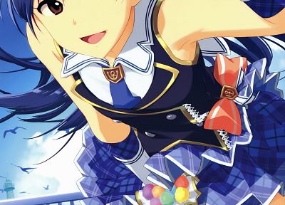 school uniforms, tie, skirts, Kisaragi Chihaya, blue hair, red eyes, tights, anime, anime girls, Idolmaster - related desktop wallpaper