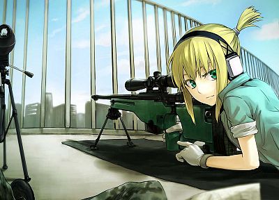 blondes, snipers, sniper rifles, green eyes, anime girls, games, SV-98, Material Sniper - related desktop wallpaper