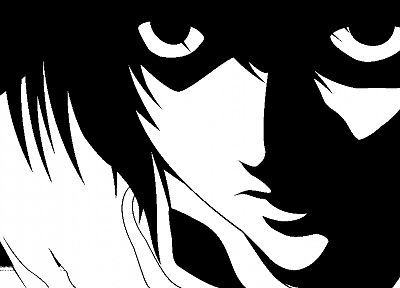 Death Note, black and white, L., monochrome, anime, anime boys, high contrast - random desktop wallpaper