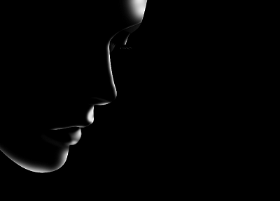 black and white, black, silhouettes, closed eyes, faces, black background - desktop wallpaper