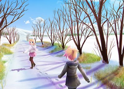 winter, snow, Vocaloid, twins, Kagamine Rin, Kagamine Len - duplicate desktop wallpaper