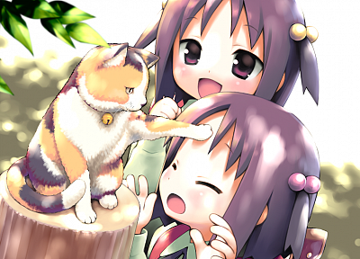 cats, twins, closed eyes, anime girls, Garden (Cuffs), Kasuga Nadeshiko, Kasuga Sakurako - random desktop wallpaper
