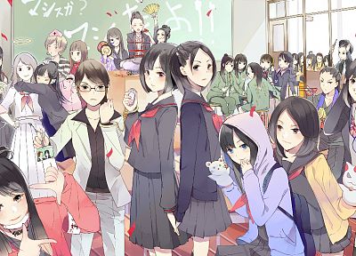 blue eyes, school uniforms, schoolgirls, glasses, school, meganekko, desks, anime girls, AKB48 - related desktop wallpaper