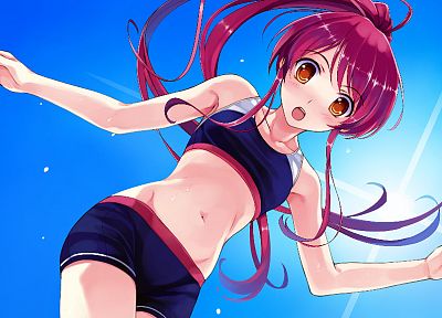 redheads, long hair, orange eyes, skyscapes, Misaki Kurehito, anime girls, Suiheisen made Nan Mile?, Miyamae Tomoka - desktop wallpaper