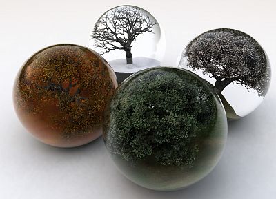 winter, trees, autumn, glass, seasons, summer, balls, spring, digital art, white background - random desktop wallpaper