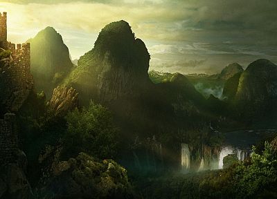 fantasy, mountains, landscapes, waterfalls, 3D - desktop wallpaper