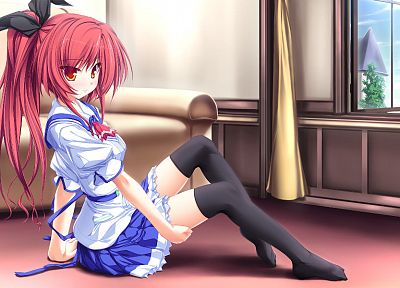 stockings, indoors, redheads, school uniforms, anime girls - desktop wallpaper