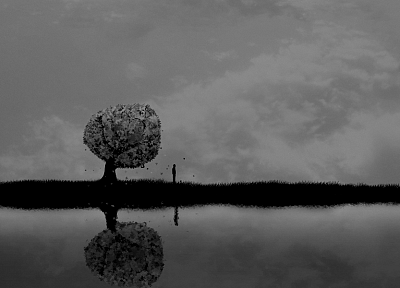 clouds, trees, dark, lakes, reflections - random desktop wallpaper