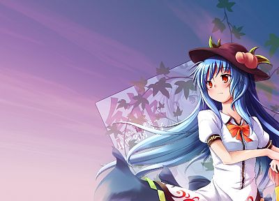video games, Touhou, fruits, leaves, peaches, long hair, weapons, blue hair, red eyes, blush, bows, Hinanawi Tenshi, hats, anime girls, Sword of Hisou, swords, skies - related desktop wallpaper