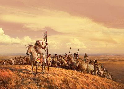 paintings, landscapes, valleys, horses, Indians, artwork, spears, skyscapes, leader, tribes - related desktop wallpaper