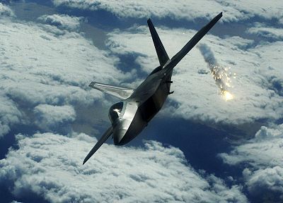 clouds, F-22 Raptor, flares, jet aircraft - desktop wallpaper