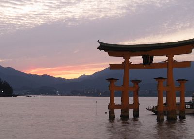 water, Japan, mountains, boats, gate, torii, Japanese architecture, Itsukushima Shrine - related desktop wallpaper