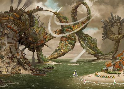 water, abstract, fantasy, houses, ships, surreal, octopuses, digital art, artwork, vehicles, cities, spirals, sea - related desktop wallpaper