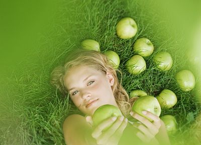 blondes, women, green apples, apples - duplicate desktop wallpaper