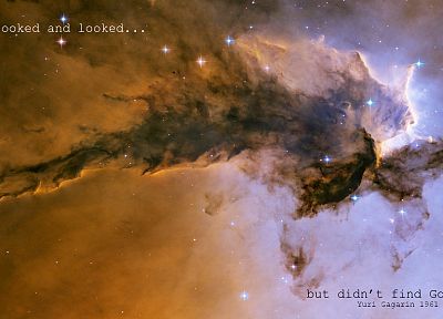outer space, stars, quotes, atheism, Yuri Gagarin, Eagle nebula - random desktop wallpaper
