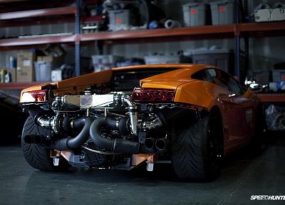 cars, engines, Lamborghini, Lamborghini Gallardo, garages, twin turbo, orange cars, italian cars - desktop wallpaper