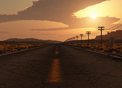 sunset, desert road - desktop wallpaper