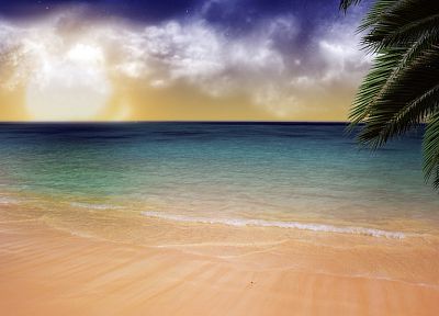 water, ocean, clouds, sand, trees, outdoors, palm trees, skyscapes, sea, beaches - desktop wallpaper