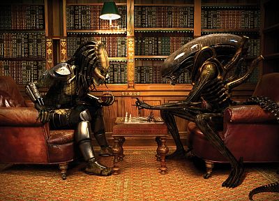 predator, chess, library, books, predators, bookshelf, Alien, Aliens, Aliens vs Predator game - related desktop wallpaper