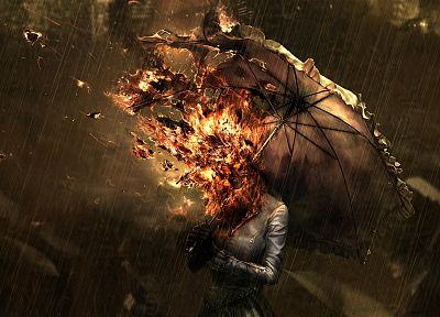 women, rain, fire, umbrellas - random desktop wallpaper