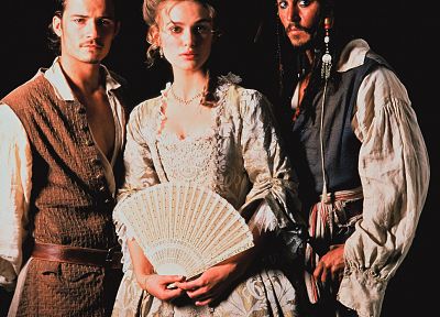 Keira Knightley, Pirates of the Caribbean, Johnny Depp, Orlando Bloom, Captain Jack Sparrow, Elizabeth Swann - duplicate desktop wallpaper