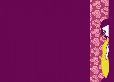 Sayonara Zetsubou Sensei, purple hair, short hair, purple eyes, Japanese clothes, simple background, anime girls, purple background, bangs, peeking, floral texture, Tsunetsuki Matoi, wide sleeves - desktop wallpaper