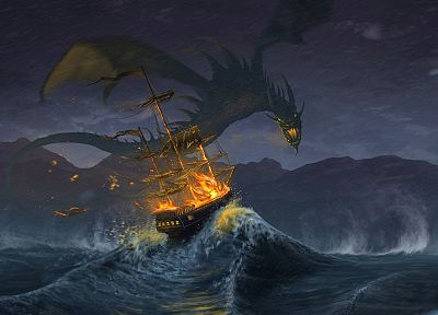 fantasy, dragons, ships - duplicate desktop wallpaper
