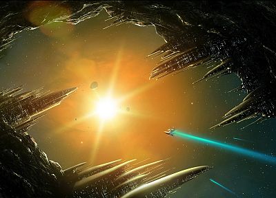 Sun, outer space, fantasy art, spaceships, science fiction, artwork, vehicles, cities - related desktop wallpaper