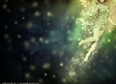 wings, fairies, barefoot, fantasy art, bokeh, green dress - random desktop wallpaper