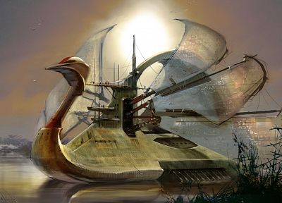 ships, swans, surreal, fantasy art, sails, Daniel Dociu - random desktop wallpaper