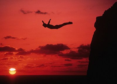 sunset, diver, cliffs, Mexico - desktop wallpaper