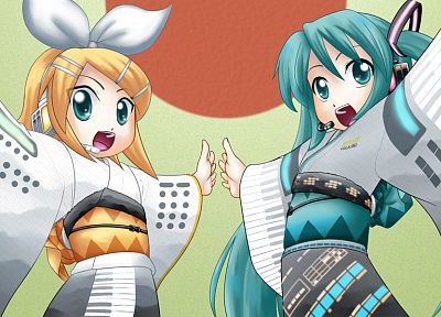 Vocaloid, Hatsune Miku, Kagamine Rin, Japanese clothes - desktop wallpaper