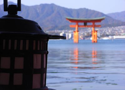 Japan, lanterns, torii, blurred background, Itsukushima Shrine - random desktop wallpaper