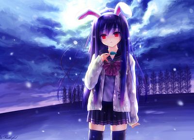 blue, clouds, winter, snow, Touhou, trees, leaves, school uniforms, schoolgirls, skirts, long hair, bunny girls, purple hair, animal ears, red eyes, thigh highs, Reisen Udongein Inaba, bows, signatures, bunny ears, skyscapes, anime girls, hair band, games - related desktop wallpaper