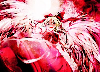 blondes, video games, Touhou, wings, red, dress, long hair, red eyes, bows, red dress, open mouth, fangs, angel wings, anime girls, hair ornaments, Gengetsu - related desktop wallpaper