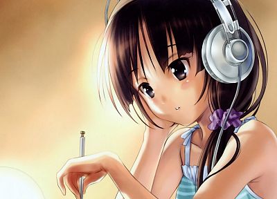 headphones, brunettes, close-up, K-ON!, black eyes, Akiyama Mio, ponytails, simple background, anime girls, faces, pencils - related desktop wallpaper