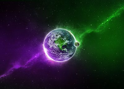 green, outer space, stars, purple, Earth - random desktop wallpaper
