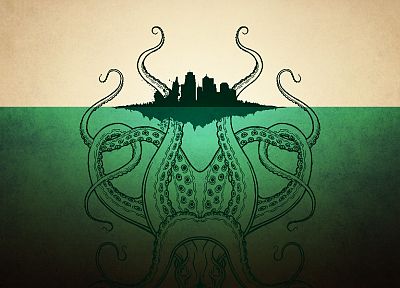 tentacles, Cthulhu, islands, artwork, city skyline, sea - related desktop wallpaper