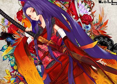 katana, patterns, long hair, blade, purple hair, Snyp, Redjuice, Japanese clothes, anime girls, detached sleeves, Kaorihime, original characters, wide sleeves - desktop wallpaper