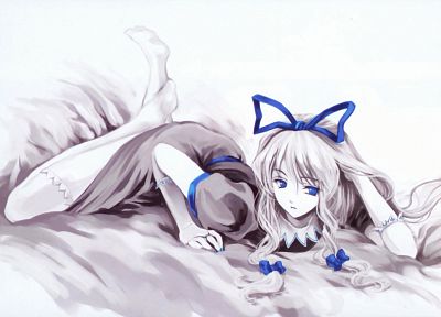 blue, Touhou, dress, blue eyes, ribbons, Yakumo Yukari, anime, selective coloring, Misaki Kurehito, anime girls - random desktop wallpaper