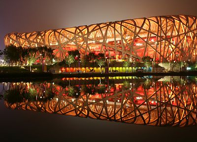 reflections, Beijing National Stadium, the bird nest - random desktop wallpaper