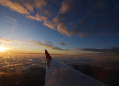 sunset, sunrise, clouds, aircraft, Orange Sun, blue skies - desktop wallpaper