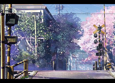 Japan, streets, Sakura, Makoto Shinkai, 5 Centimeters Per Second, anime, railroad crossing - related desktop wallpaper