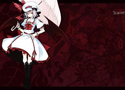 Touhou, wings, dress, red eyes, umbrellas, Remilia Scarlet, anime girls - random desktop wallpaper