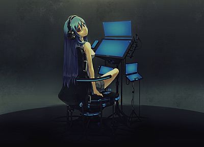 blue hair, red eyes, anime girls, original characters - random desktop wallpaper