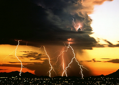 sunset, landscapes, storm, lightning, lightning bolts, natural - related desktop wallpaper