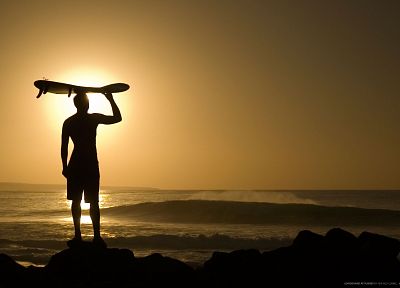 sunset, waves, silhouettes, surfing, longboard, beaches - desktop wallpaper